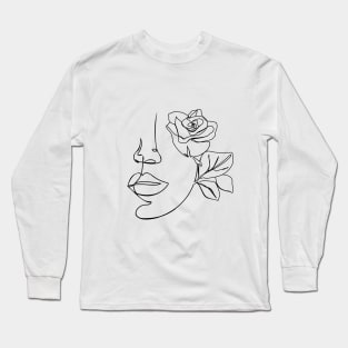 Minimal woman line art. One line woman face with rose flower. Long Sleeve T-Shirt
